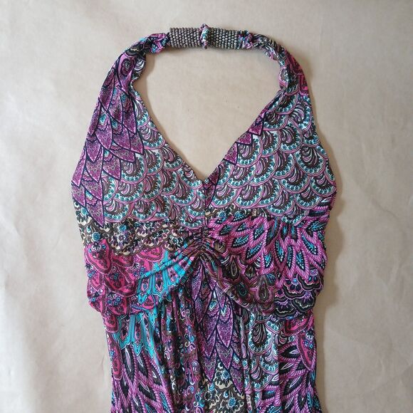 Shoreline Maxi Dress Womens L/XL Halter Smocked Back Pink Paisley Beach Artsy - Picture 4 of 9